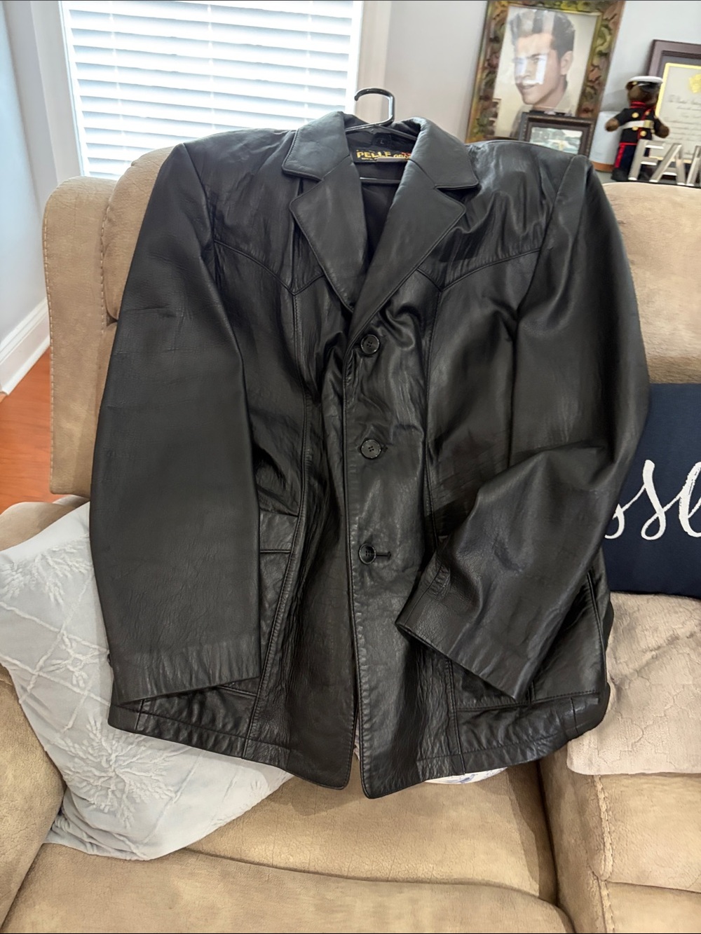Men's Black Leather Pea Coat - Classic Button-Front